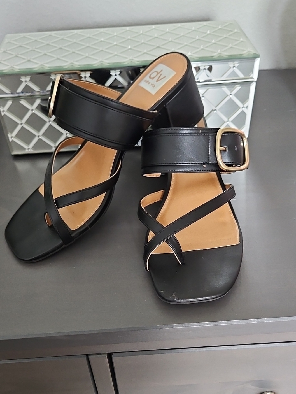 DV by Dolce Vita Black Strappy Block Heel Sandals with Gold Buckle